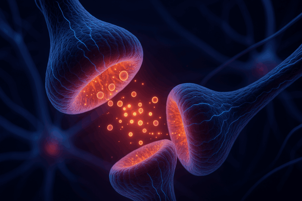 Close-up of synaptic transmission, showing how the neuroscience of novelty drives learning.
