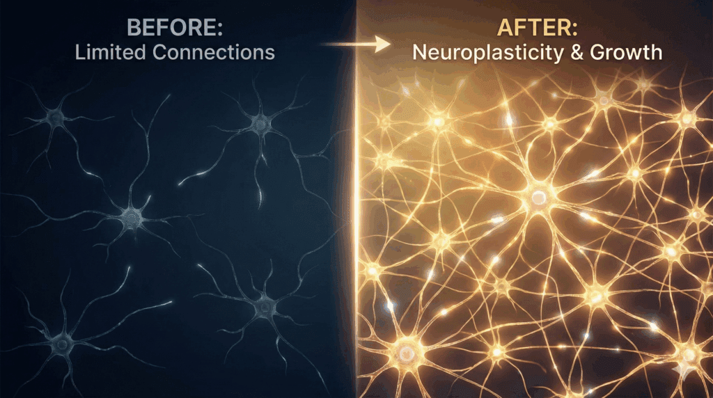 The Neuroscience Behind Suicidal Ideation: Understanding the Brain's Role in Crisis and the Path to Healing 3 Sparse, dim neurons transforming to dense golden networks, showing neuroplasticity in the neuroscience of suicidal ideation.