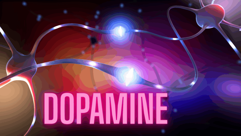 Dopamine molecules illuminated in blue and pink light, representing the neuroscience of sexual attraction.