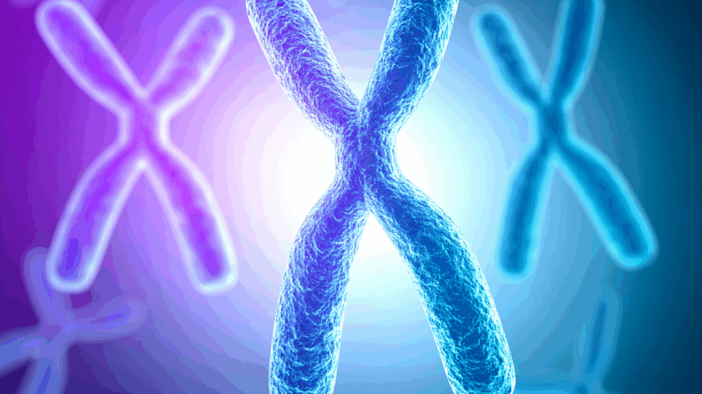 Abstract visualization of chromosomes in blue and purple, representing genetic compatibility and the neuroscience of sexual attraction.