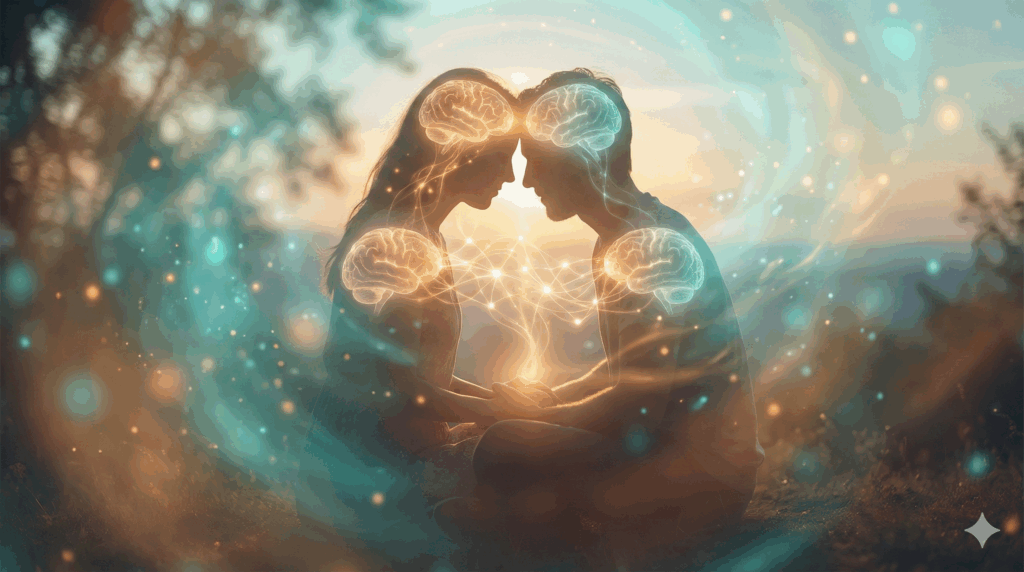 The Neuroscience Behind Suicidal Ideation: Understanding the Brain's Role in Crisis and the Path to Healing 9 Two people with glowing connected brains in light, showing connection in the neuroscience of suicidal ideation healing.