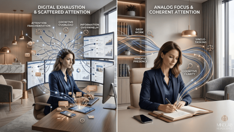 Side-by-side comparison showing digital exhaustion from scattered attention versus analog focus through coherent attention during mindful work.