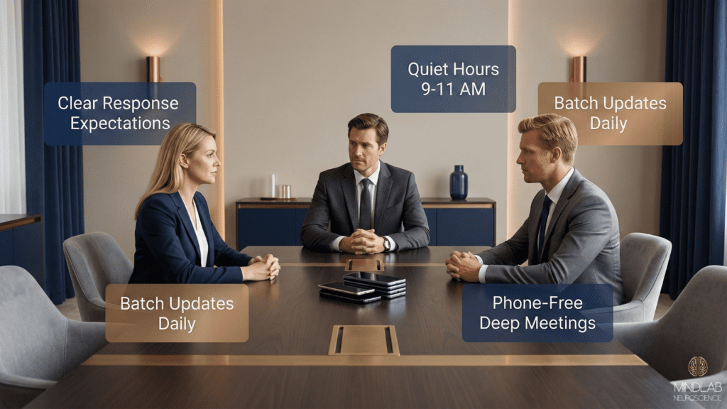 Digital Exhaustion: The Analog Bag Reset That Works 11 Team meeting demonstrating organizational agreements for focus protection including clear response expectations, designated quiet hours from 9-11 AM, batch updates scheduled daily, and phone-free deep meetings to combat digital exhaustion.