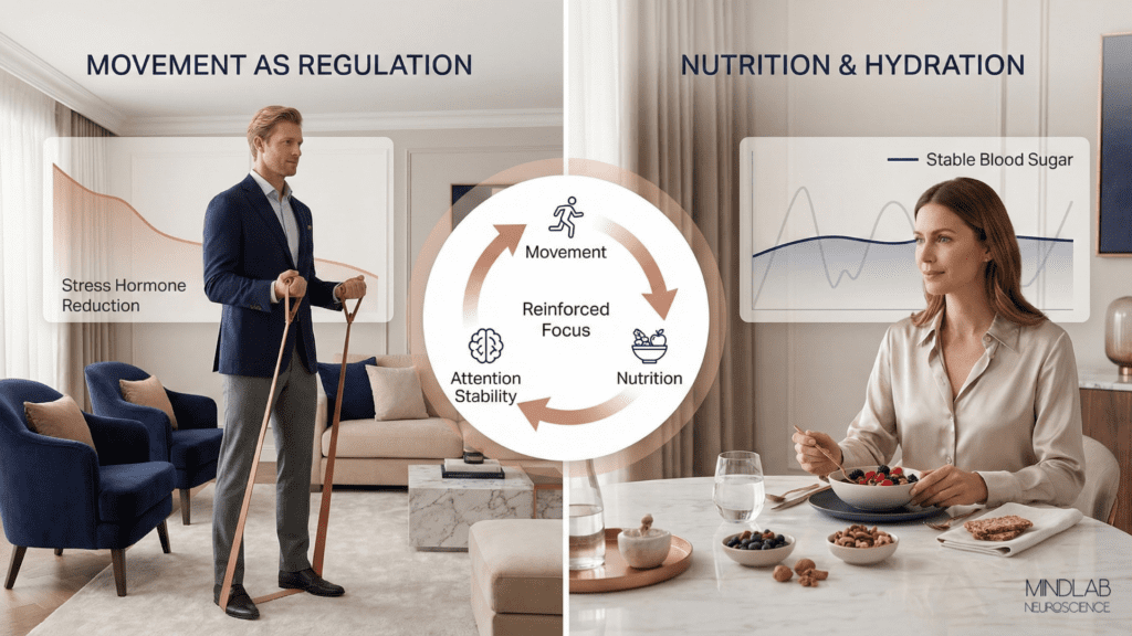 Digital Exhaustion: The Analog Bag Reset That Works 10 Complementary strategies for reversing digital exhaustion showing movement with stress hormone reduction paired with stable nutrition and hydration for sustained blood sugar and reinforced focus capacity.