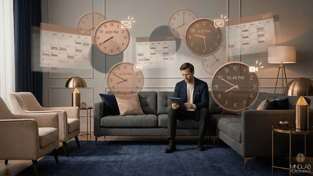 Digital Exhaustion: The Analog Bag Reset That Works 1 Professional man managing multiple calendar notifications, emails, and time blocks showing fragmented scheduling and attention loss from constant digital interruptions.