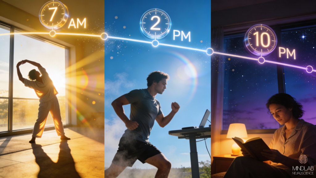 Circadian Health 101: How to Optimize Sleep & Energy Levels 4 A person experiencing optimal circadian health throughout 24-hour day with morning energy, afternoon peak performance, and restful evening sleep