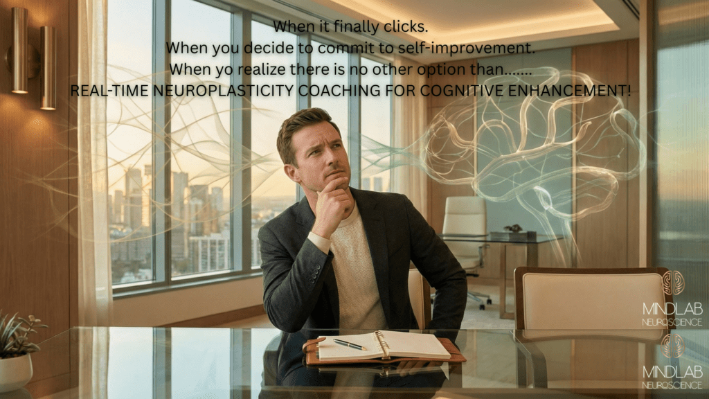 Cognitive Enhancement: Utilizing Real-Time Neuroplasticity Coaching 3 A professional executive in a dark blazer achieves cognitive enhancement through real-time neuroplasticity coaching with Dr. Sydney Ceruto, CEO of MindLAB Neuroscience.