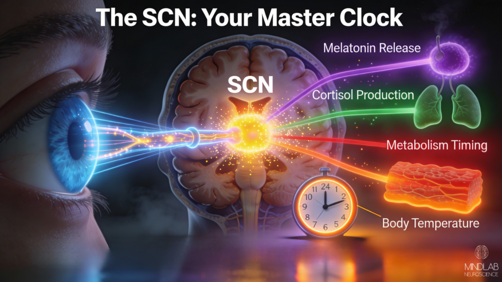 Circadian Health 101: How to Optimize Sleep & Energy Levels 2 Suprachiasmatic nucleus SCN brain master clock regulates all body circadian health rhythms through light signals from your eyes