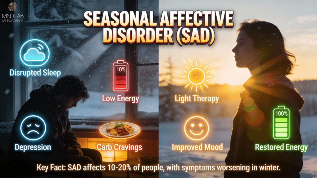 Circadian Health 101: How to Optimize Sleep & Energy Levels 7 Seasonal Affective Disorder SAD causes winter depression through disrupted circadian health from reduced light exposure and melatonin changes