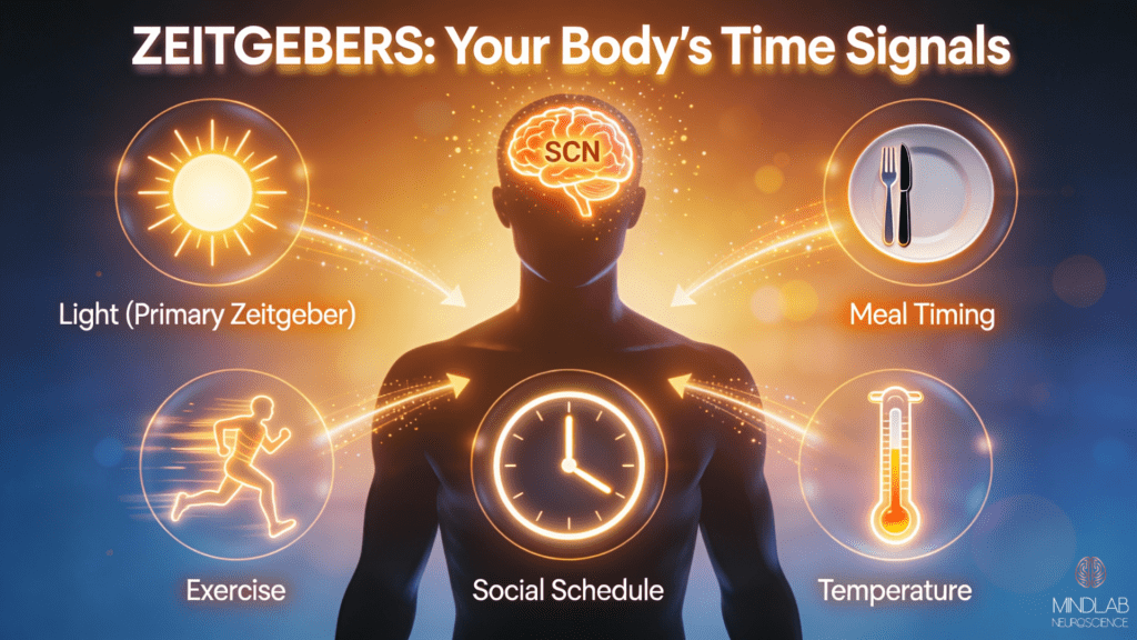 Circadian Health 101: How to Optimize Sleep & Energy Levels 5 Environmental time cues synchronizing your internal 24-hour circadian health rhythm with light, meals, exercise, and social cues