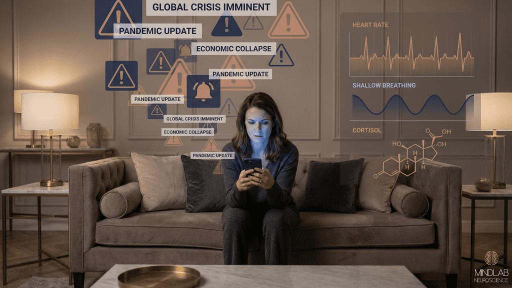 Digital Exhaustion: The Analog Bag Reset That Works 3 Woman experiencing digital exhaustion and anxiety from crisis notifications, showing elevated heart rate, shallow breathing, and cortisol stress hormone activation from chronic information overwhelm.
