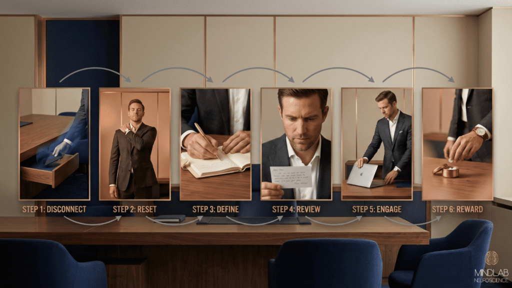 Digital Exhaustion: The Analog Bag Reset That Works 9 Professional man using protected focus blocks with message windows and re-entry ramps throughout his day, demonstrating structured deep work and digital boundaries for sustained attention.