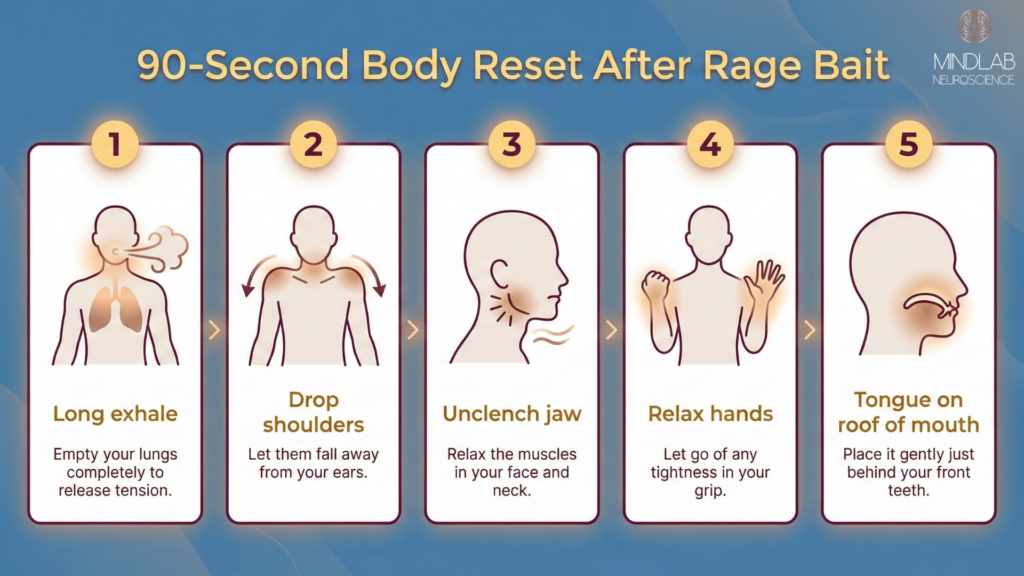 Rage Bait: Neuroscientific Ways To Stop Getting Hooked 6 Step‑by‑step infographic showing a 90‑Second Body Reset After Rage Bait, with five illustrated panels for long exhale, drop shoulders, unclench jaw, relax hands, and tongue on roof of mouth.