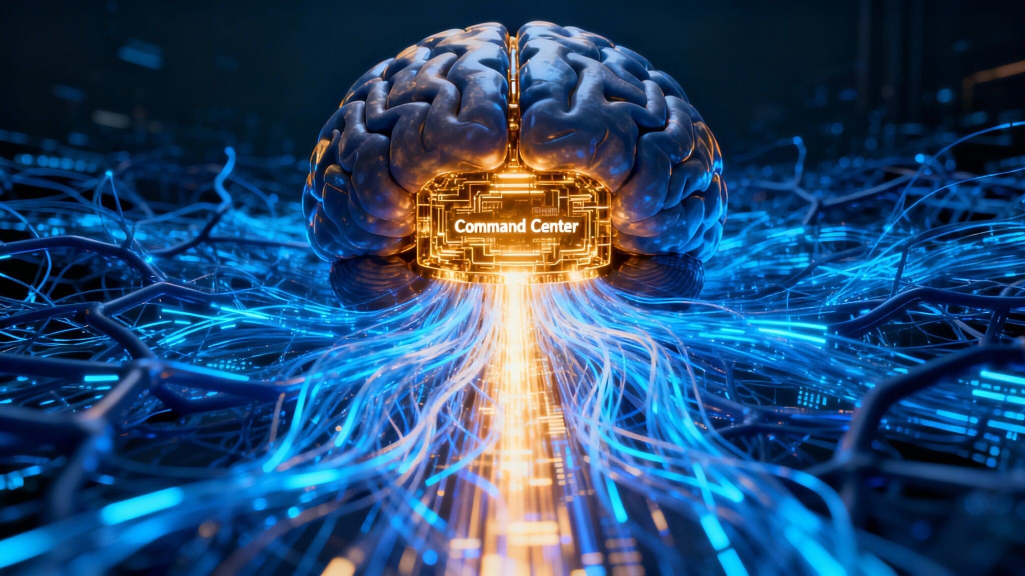 The image depicts a 3D illustration of the brain's prefrontal cortex glowing gold, acting as a command center that manages ADHD and executive function data.