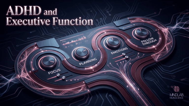 ADHD and executive function are shown as a futuristic control panel for focus, planning, emotions, and follow-through with glowing neural pathways.