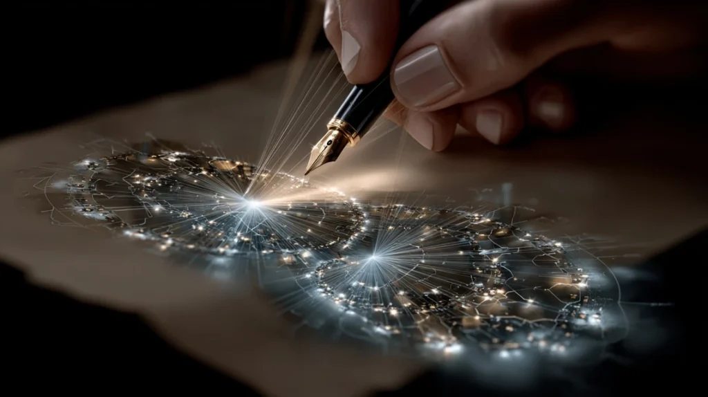 Brain Optimization: Rewiring PTSD, Depression, Anxiety, ADHD 9 A hand draws a glowing blue spiral over a chaotic brown blueprint, representing a brain optimization plan.