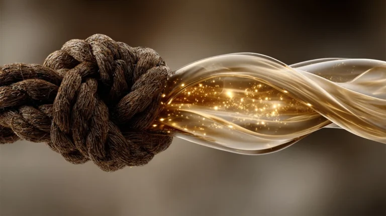 Abstract art of a dark rope knot untangling into a smooth gold and blue ribbon for brain optimization concept.