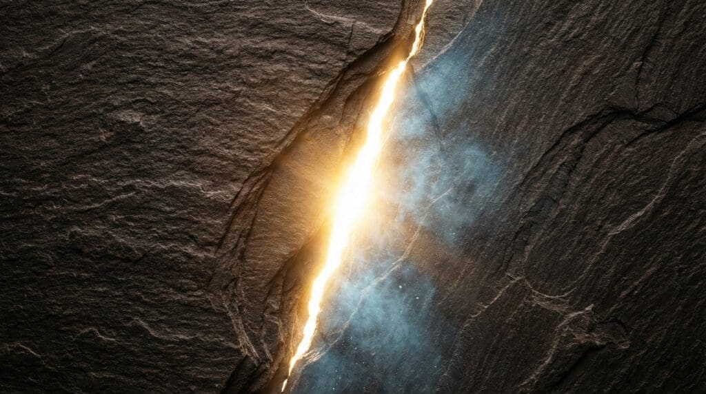 Brain Optimization: Rewiring PTSD, Depression, Anxiety, ADHD 3 A dark slate wall cracks open to reveal a burst of warm gold and blue light, symbolizing brain optimization.