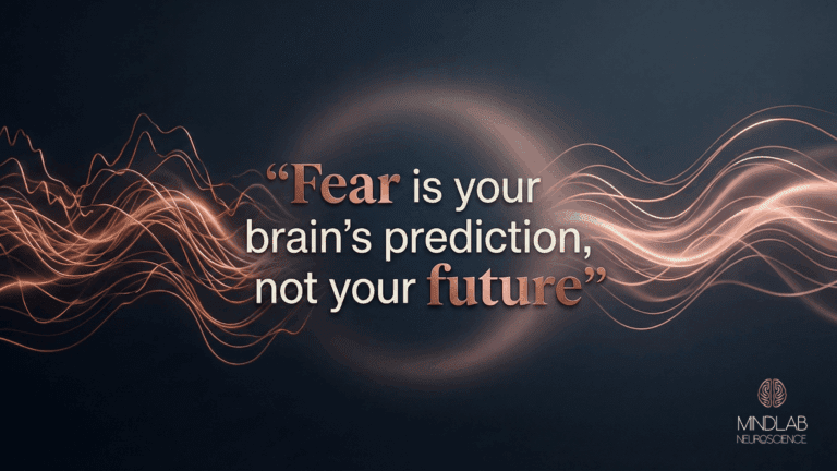 A glowing neural wave design behind the quote “Fear is your brain’s prediction, not your future,” illustrating why your brain rejects change.