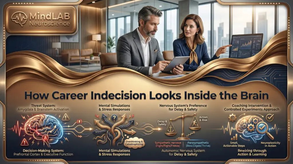 Next-Level Career Development: Neuroscience Coaching That Rewires Success 2 Professional couple illustration showing career indecision within the brain. Neural visualization depicting threat system versus decision-making system conflict during career development.