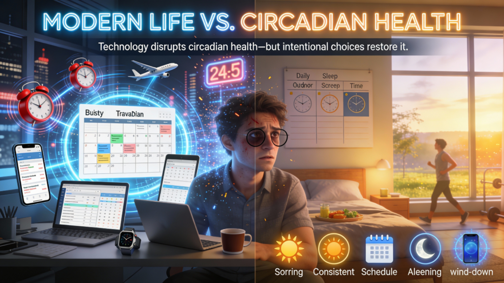 Circadian Health 101: How to Optimize Sleep & Energy Levels 8 Person managing digital chaos with multiple screens and schedules disrupting circadian health while building wellness routine with natural light