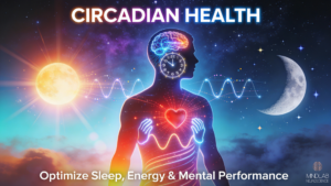 Brain, heart, and circadian health biological clock illuminated showing internal body rhythms synchronized with sun and moon cycles daily