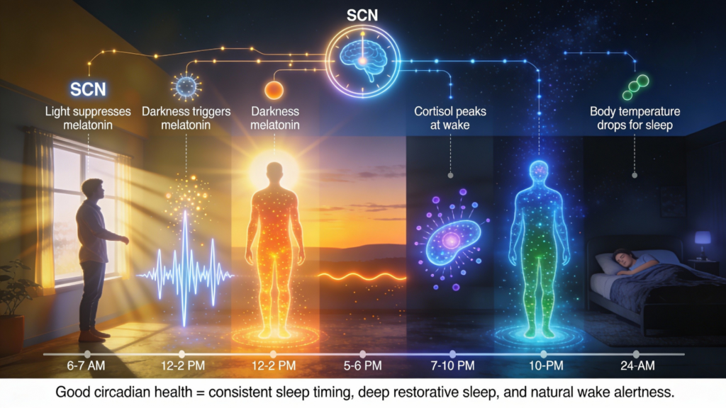 Circadian Health 101: How to Optimize Sleep & Energy Levels 6 24-hour circadian health cycle showing melatonin and cortisol hormone timing affecting sleep quality, timing, and sleep-wake rhythm