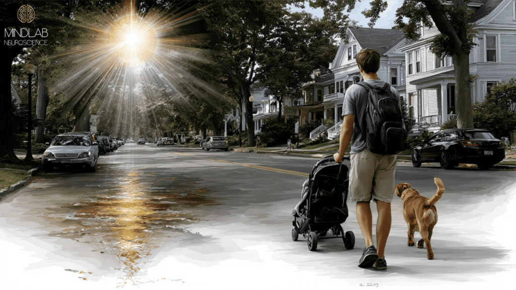 Cognitive Enhancement: Utilizing Real-Time Neuroplasticity Coaching 5 Young man with backpack and dog walking sunny neighborhood street symbolizing cognitive enhancement changes you can start today in everyday life.