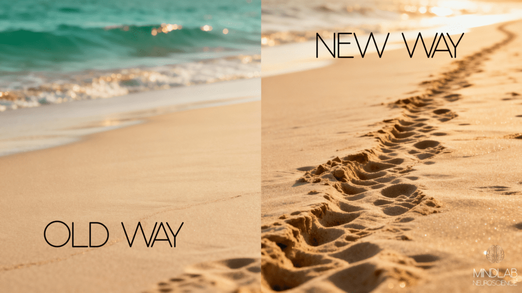 Cognitive Enhancement: Utilizing Real-Time Neuroplasticity Coaching 7 Beach footprints symbolizing cognitive enhancement attention and focus through transformation—old way versus the new way path on a sandy beach with ocean waves.