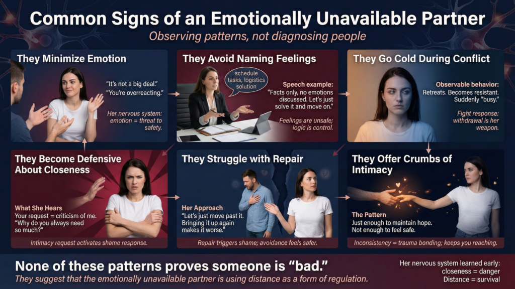 Emotionally Unavailable Partner: The Neuroscience of Emotional Depth Mismatch 3 Common signs of emotionally unavailable partner behavior including minimizing emotion, conflict withdrawal, and intimacy avoidance patterns.