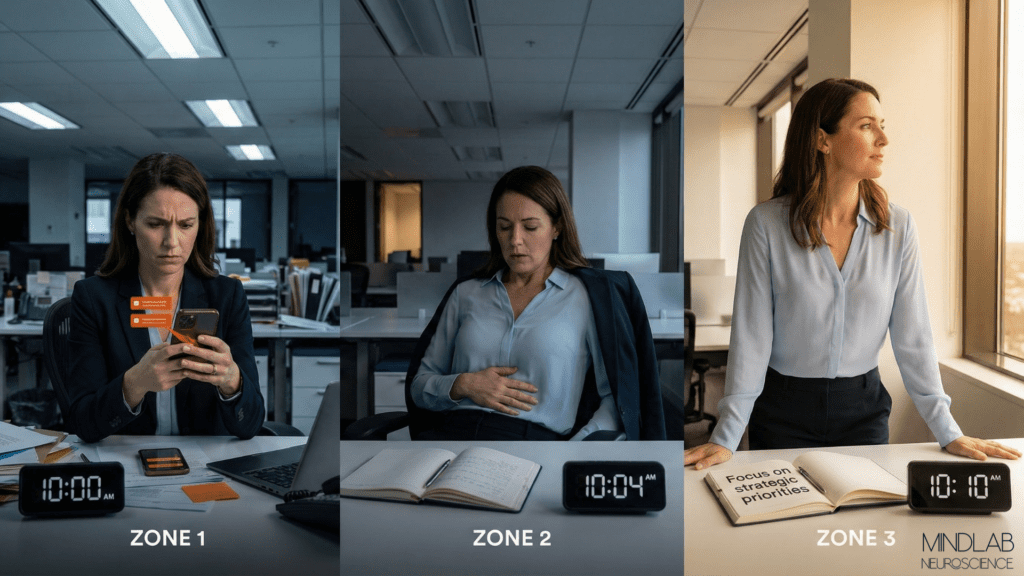 Three-zone visual sequence showing female executive's transformation from decision fatigue (in leaders Zone 1: tense, scattered) through breathing intervention (Zone 2: transition) to restored clarity (Zone 3: open, focused).