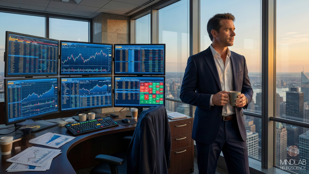 Build Your Dopamine Menu: Rewire For Sustained Happiness 5 High-performing executive in high-rise office holding coffee, looking out at city with trading screens visible, representing dopamine menu for sustained peak performance and clarity.