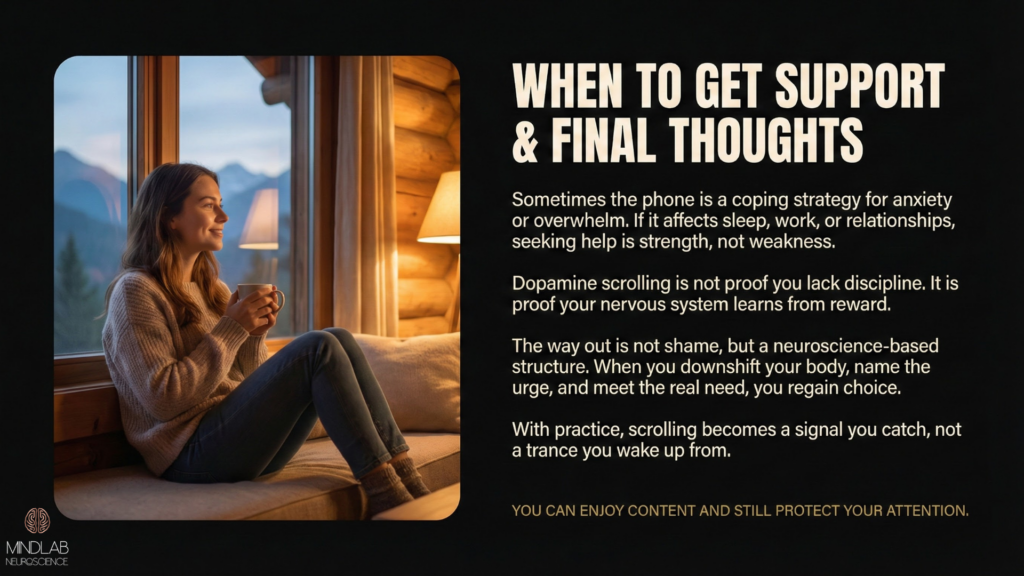 Woman at window with warm golden lighting, holding tea, looking peaceful and calm, no phone visible, representing a restored nervous system and freedom from scrolling.