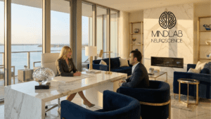 Dr. Sydney Ceruto in her luxury office discussing EQ leadership coaching with a client under a MindLAB Neuroscience wall logo.