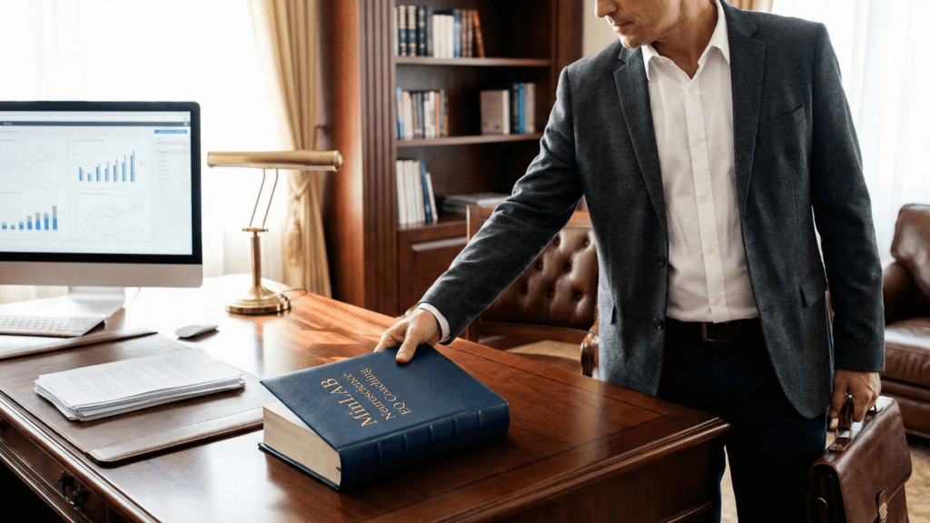 EQ Leadership: The Neuroscience Of Real Influence 5 Professional executive picking up an EQ leadership coaching book from a wooden desk in a bright corporate office.