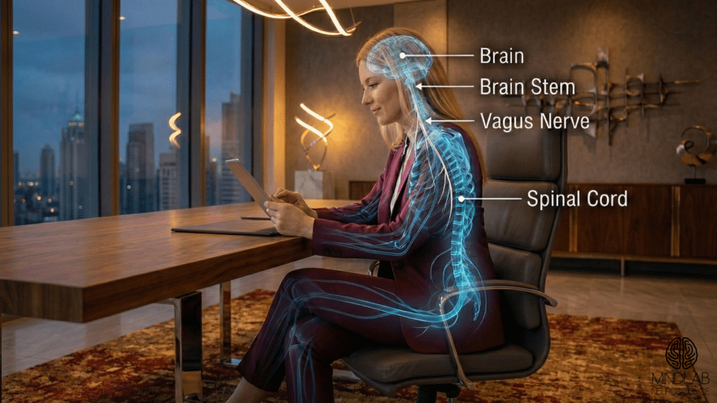 EQ Leadership: The Neuroscience Of Real Influence 2 Businesswoman at a desk with a glowing blue digital overlay highlighting the brain and nervous system for EQ leadership.