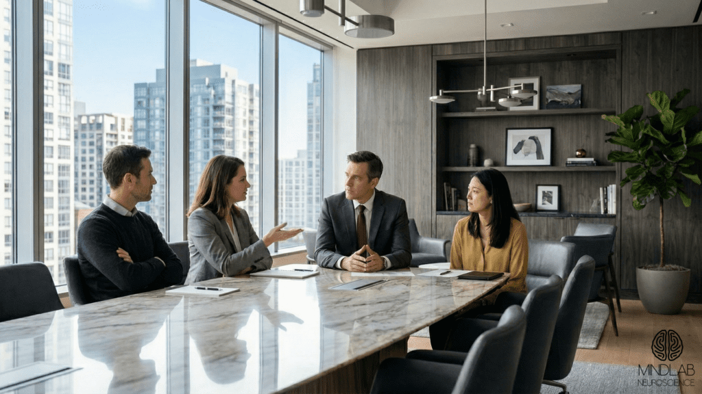 EQ Leadership: The Neuroscience Of Real Influence 3 Corporate team meeting showing EQ leadership in action during a tense intra-office conflict discussion at a table.