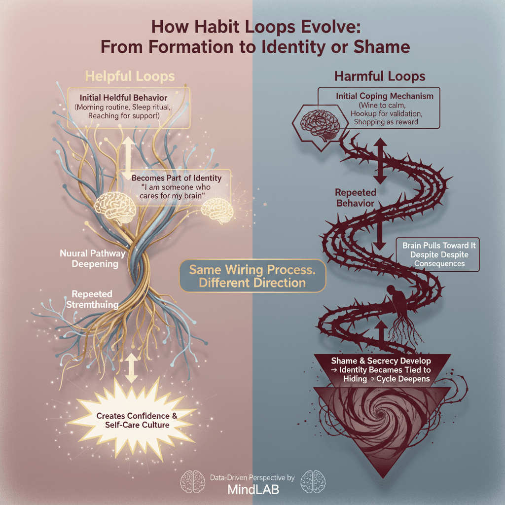 Habit Loops: How to Break Bad Ones and Build Better Ones 2 This comparison illustrates how helpful habit loops evolve towards identity and confidence, while harmful loops spiral into shame and secrecy.