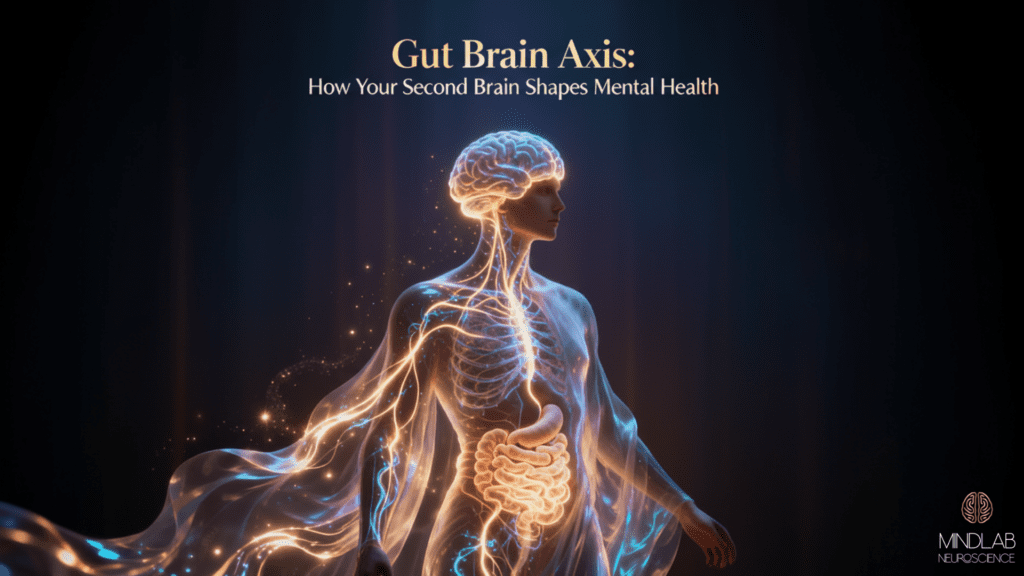 Luminous gut brain axis visualization showing bidirectional neural pathways connecting the brain and digestive system with glowing golden energy filaments throughout the body.