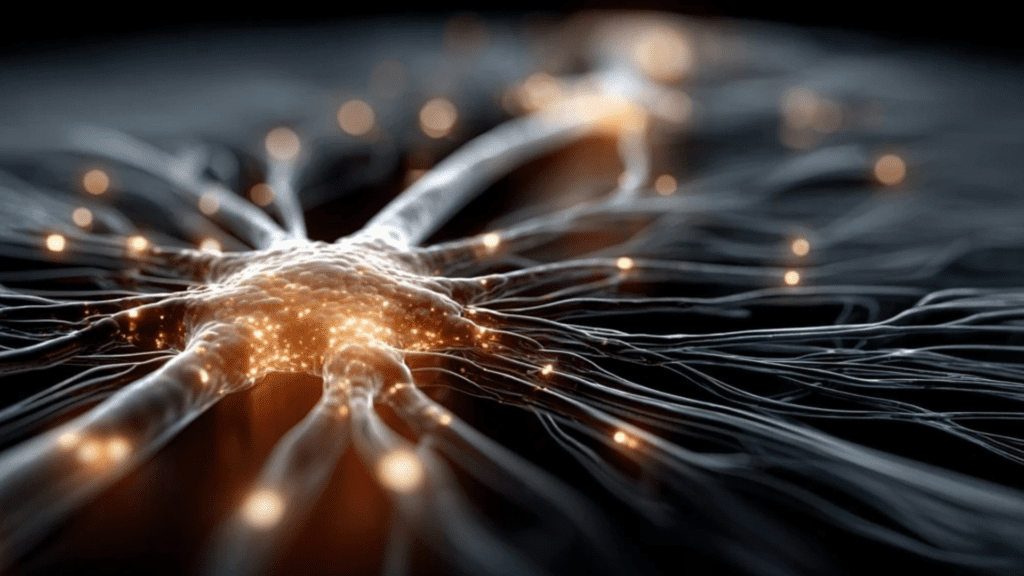 Abstract neural network junction with glowing golden light paths illustrating neuroscience-based protocols for resetting and retraining the gut-brain axis connection.