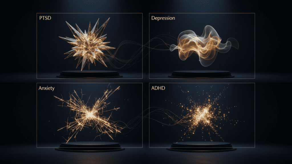 Four-quadrant infographic comparing how PTSD, depression, anxiety, and ADHD manifest differently through the gut-brain axis nervous system patterns and states.