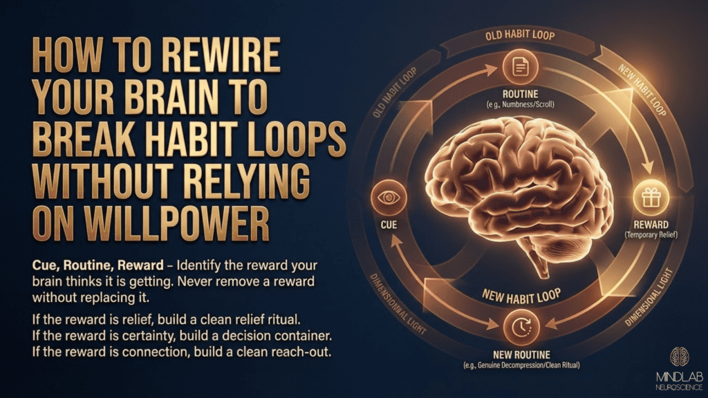 How To Rewire Your Brain: A Neuroscience-Based Guide That Actually Works 5 How to rewire your brain and break habit loops without willpower - cue-routine-reward cycle diagram with brain visualization showing old habit transforming to new habit loop.