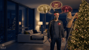 Man experiencing holiday burnout stress with wife decorating Christmas tree in luxury apartment setting.