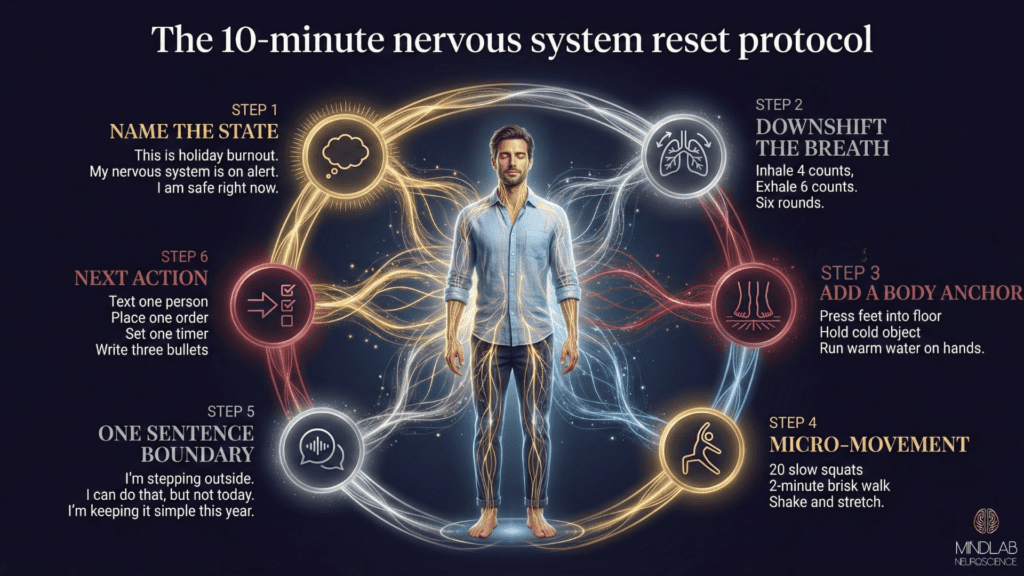  Infographic of the six-step 10-minute nervous system reset protocol to interrupt holiday burnout in real time.