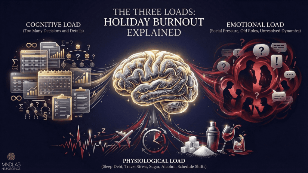 The infographic on holiday burnout illustrates the impact of cognitive load, emotional load, and physiological load on the brain.