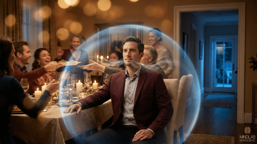 Man creating protective boundary at chaotic family dinner demonstrating nervous system protection from burnout.