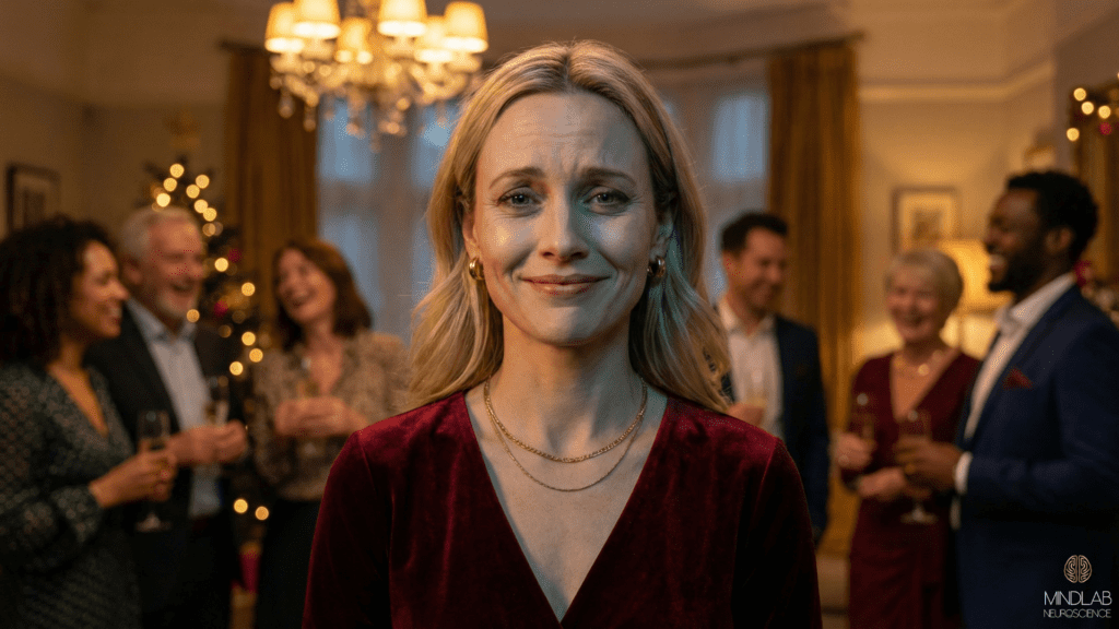 Woman hiding deep sadness behind practiced smile at holiday party showing emotional cost of joy pressure burnout.