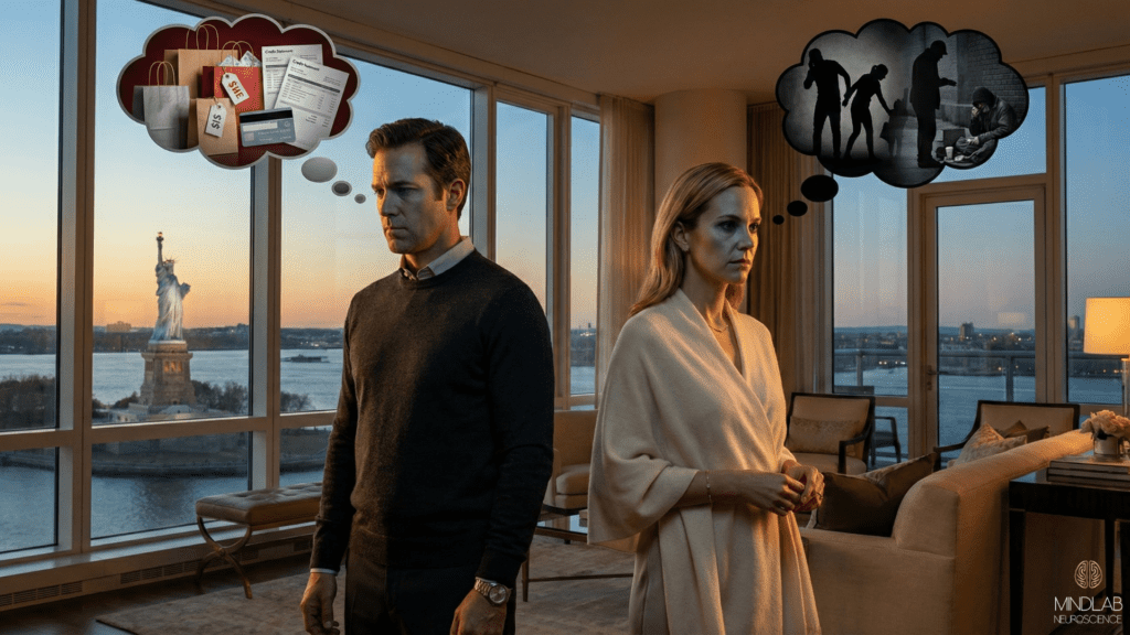 Couple experiencing holiday burnout shame at luxury penthouse window overlooking Statue of Liberty.