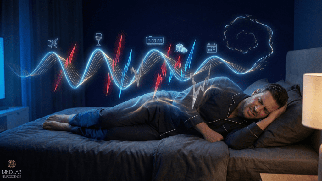 Man's circadian rhythm fractured by holiday travel, late nights, and alcohol visualizing sleep-based holiday burnout.