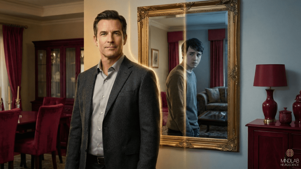 Man's confident adult self contrasts with vulnerable younger self in mirror, showing holiday burnout pattern memory.